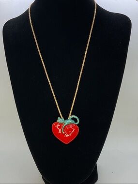 Betsey Johnson Necklace/Brooch with Enamel Green Cat Laying on a Red Heart